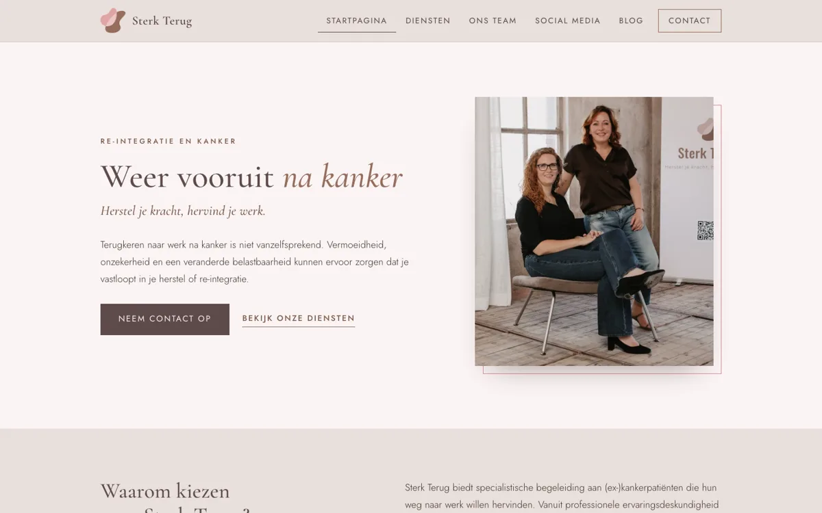 Homepage van Sterk Terug, re-integratie na kanker